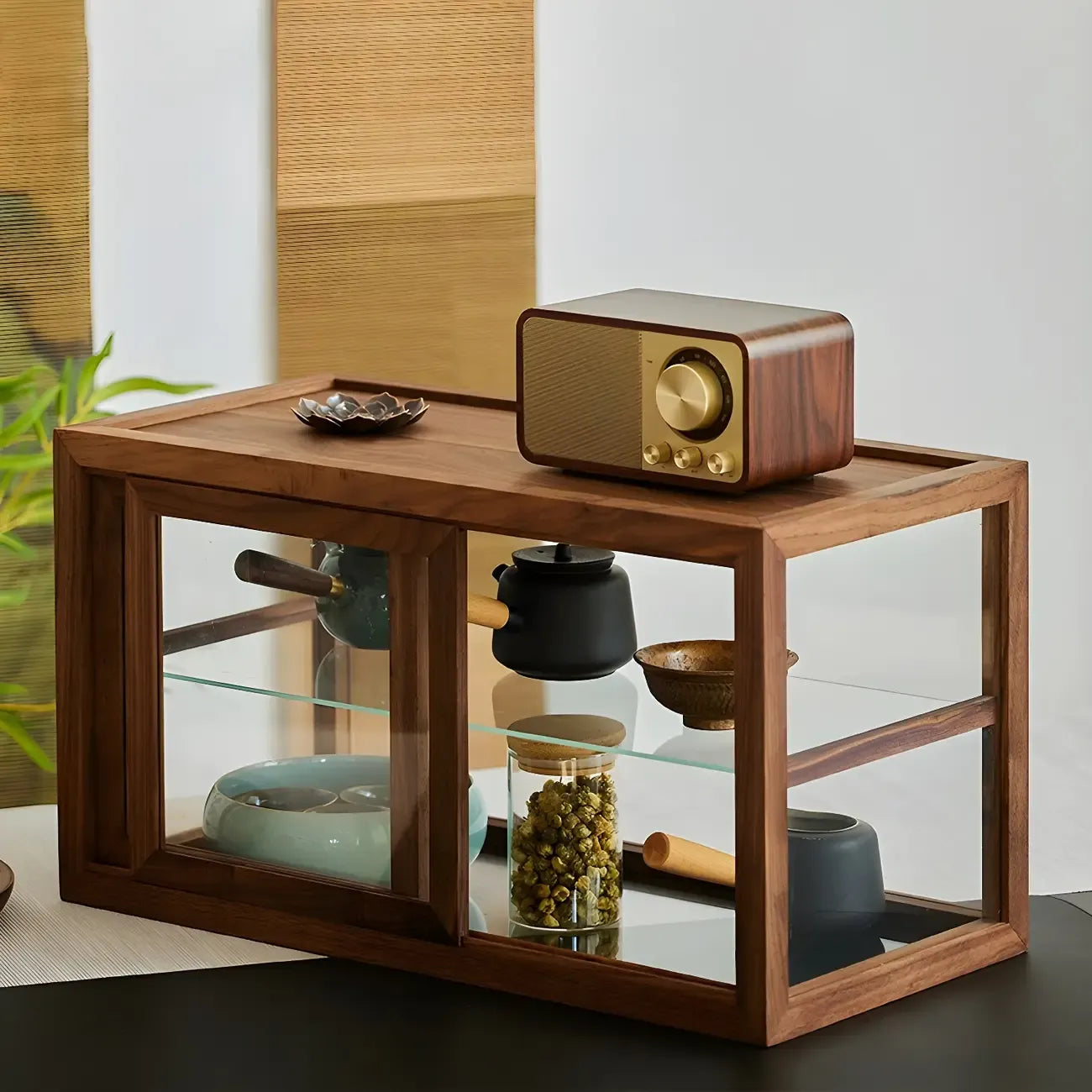 Rustic 2-tier Espresso Wood Display Cabinet for Table Top