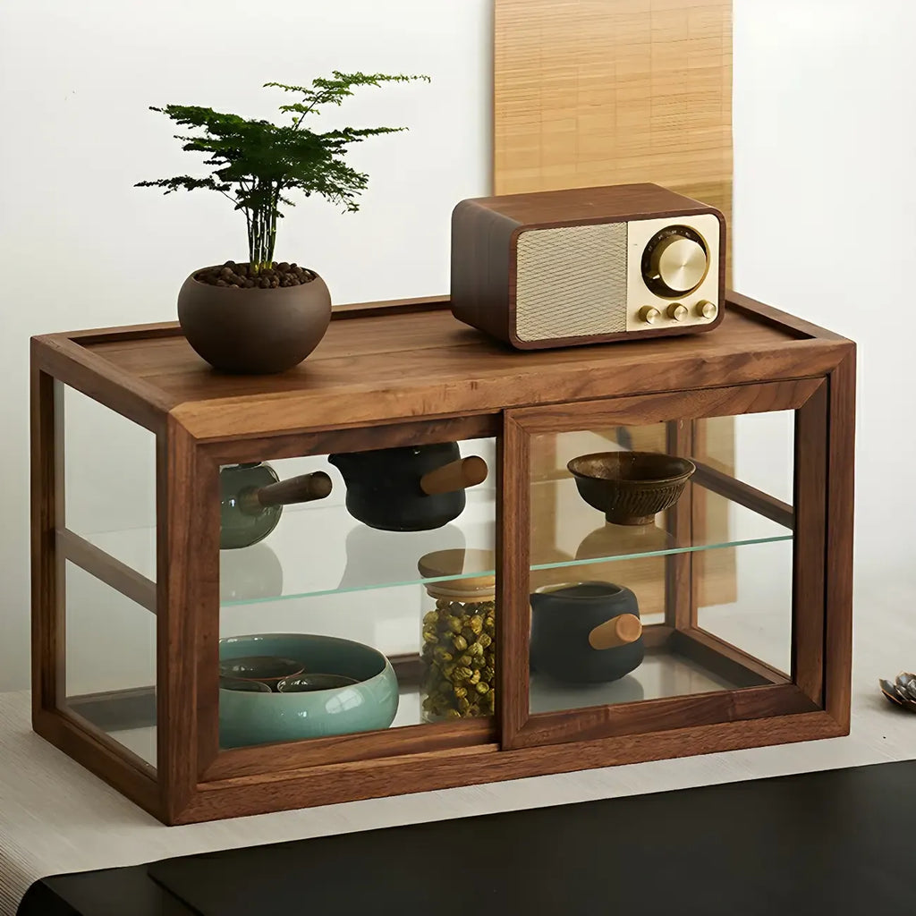 Rustic 2-tier Espresso Wood Display Cabinet for Table Top