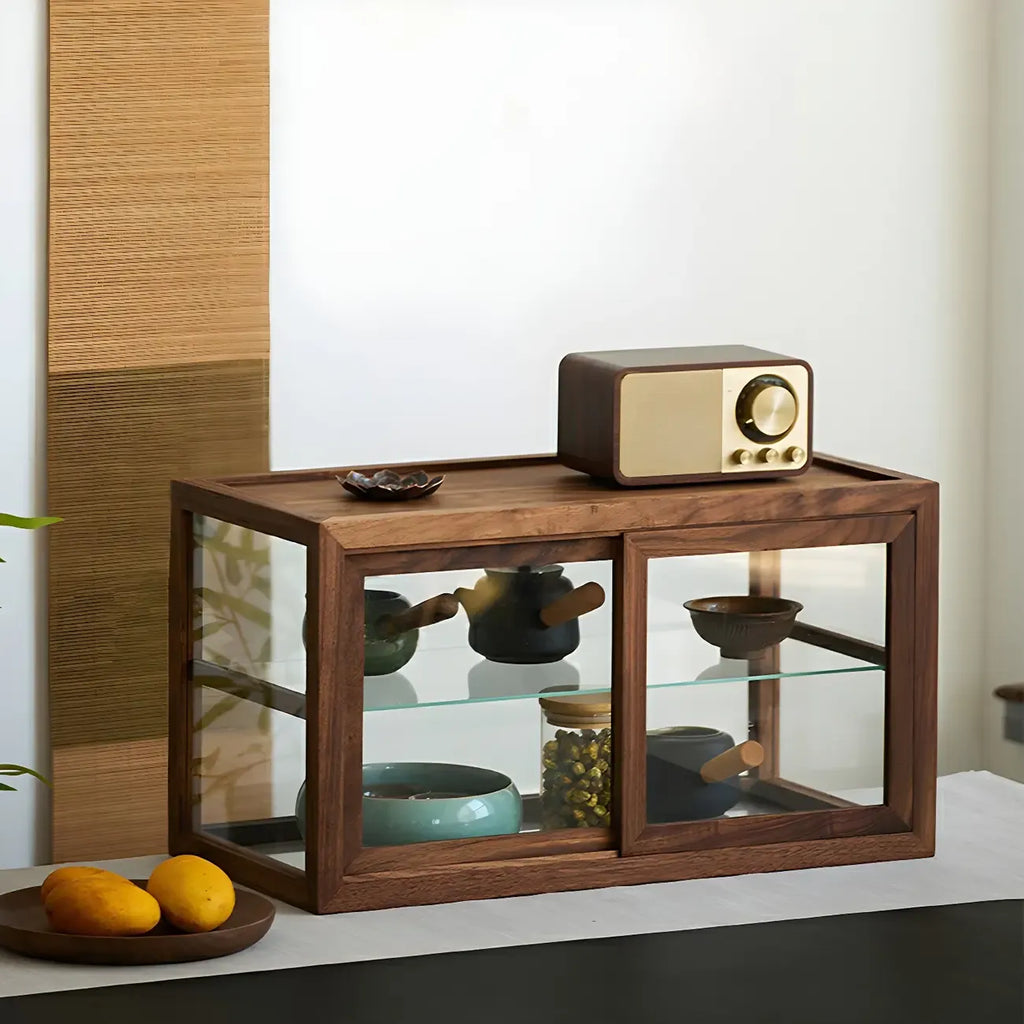 Rustic 2-tier Espresso Wood Display Cabinet for Table Top