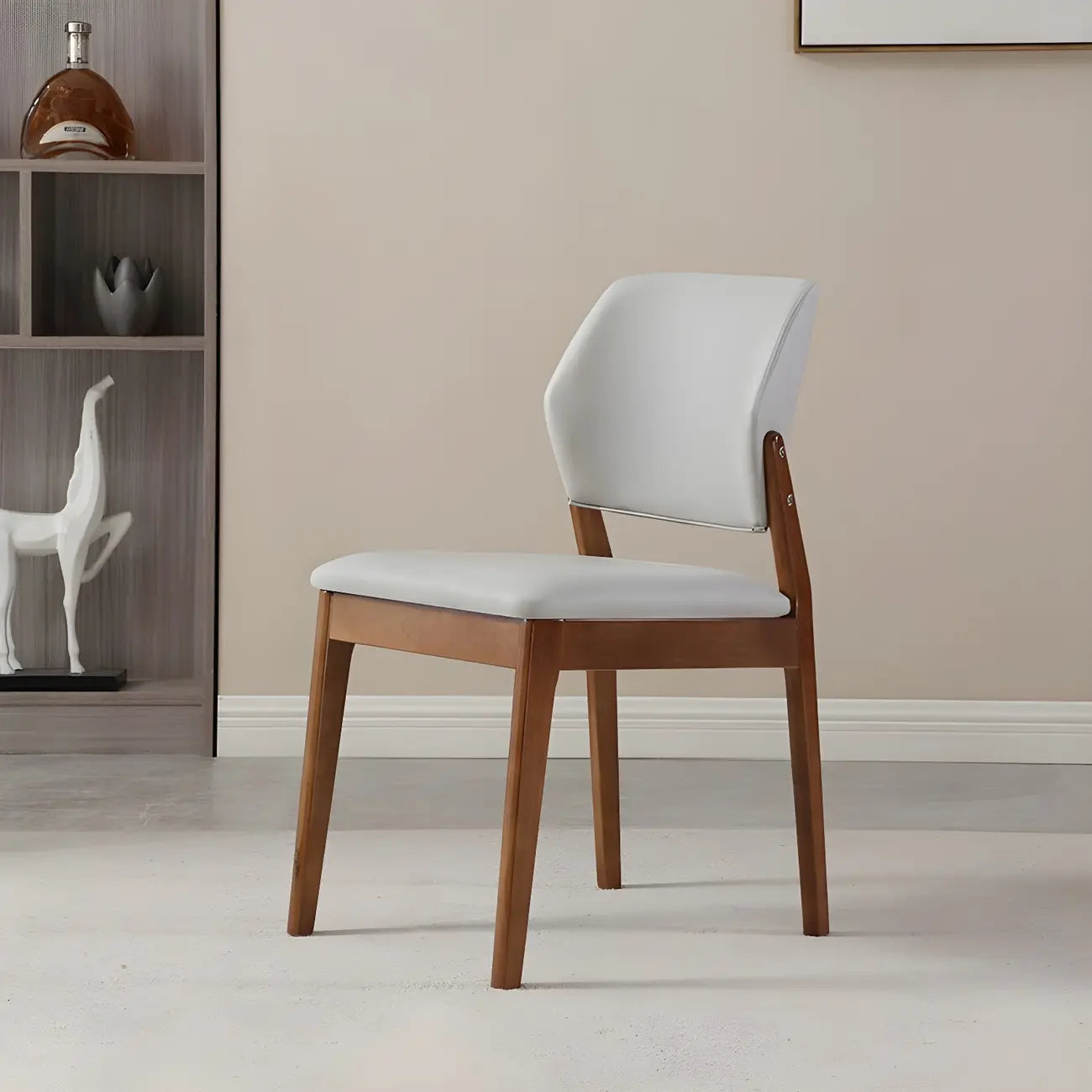 Modern Wood Faux Leather Beige Low Back Dining Chair