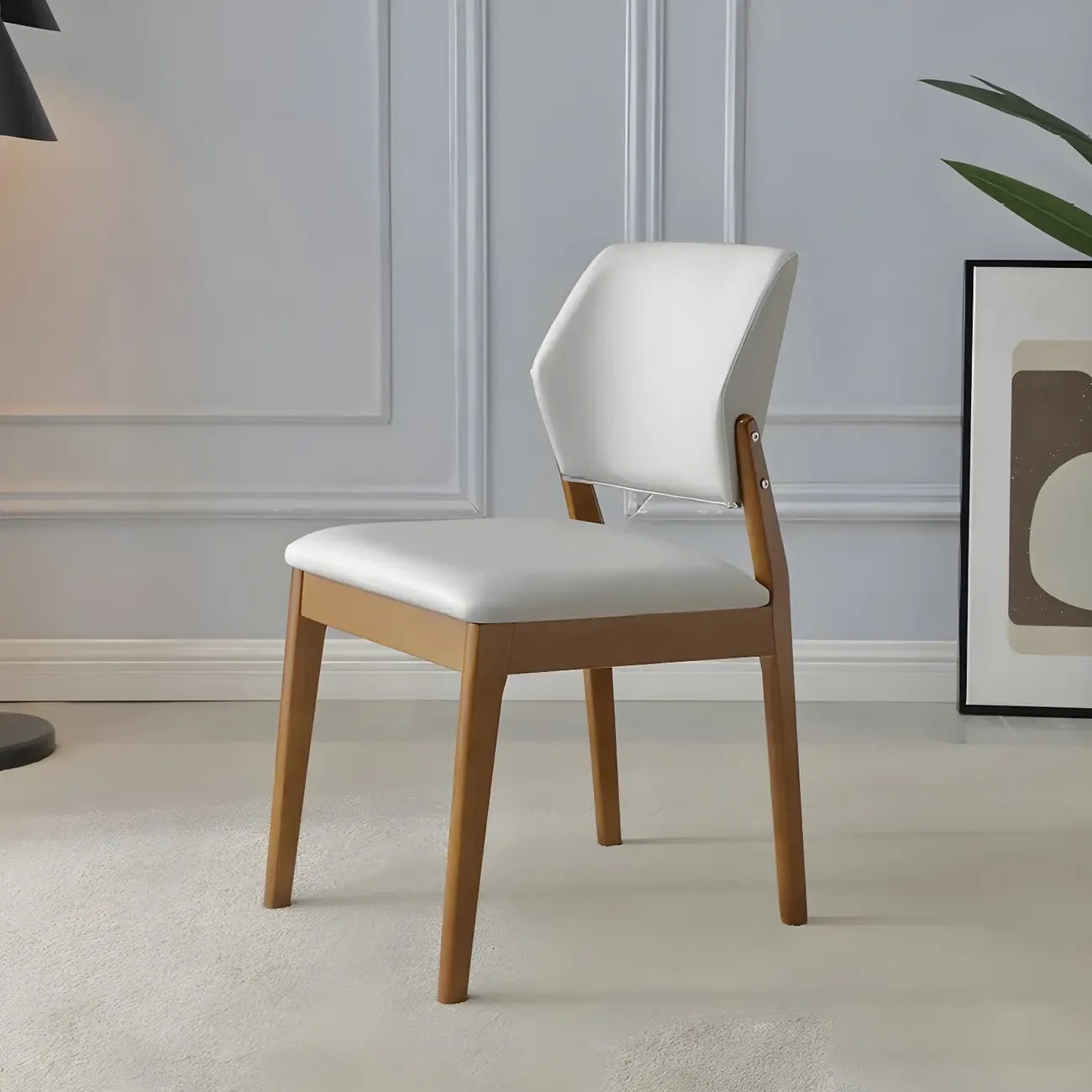 Modern Wood Faux Leather Beige Low Back Dining Chair