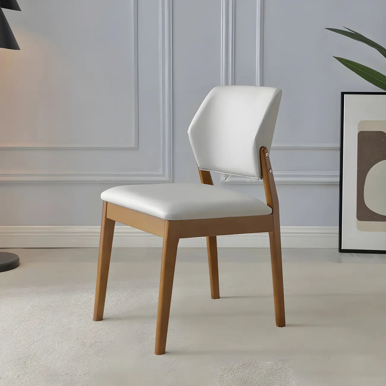 Modern Wood Faux Leather Beige Low Back Dining Chair