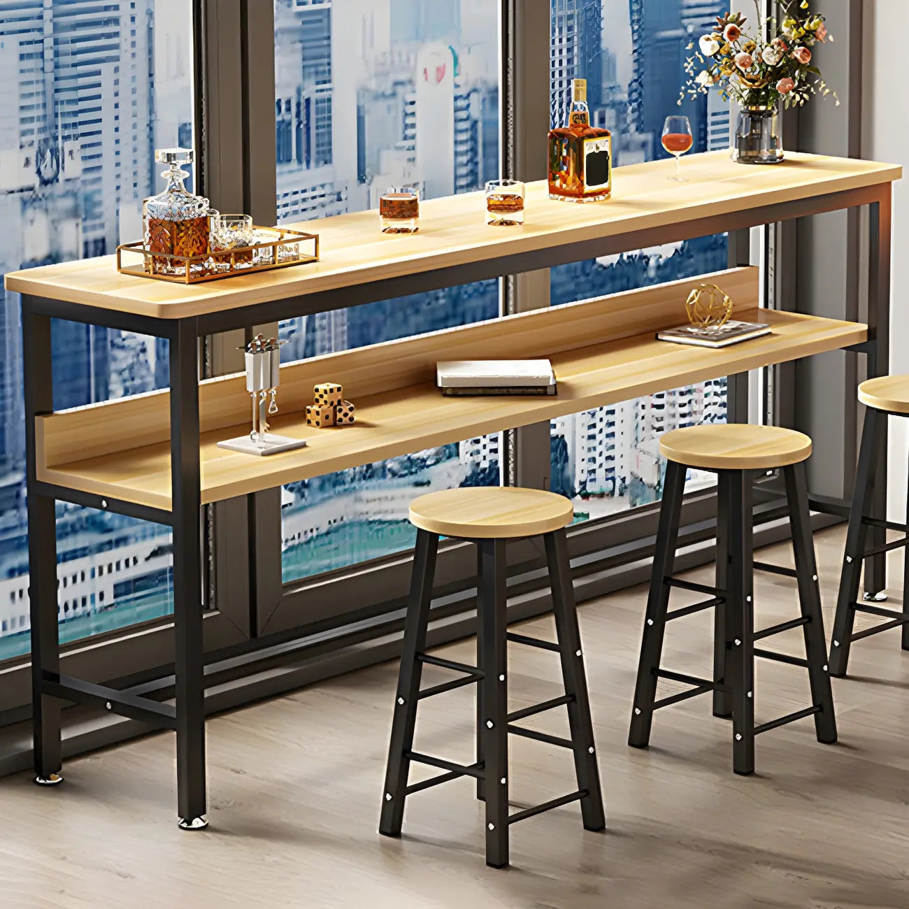 Modern Wooden Metal Base Shelf Bar Table with Footrest