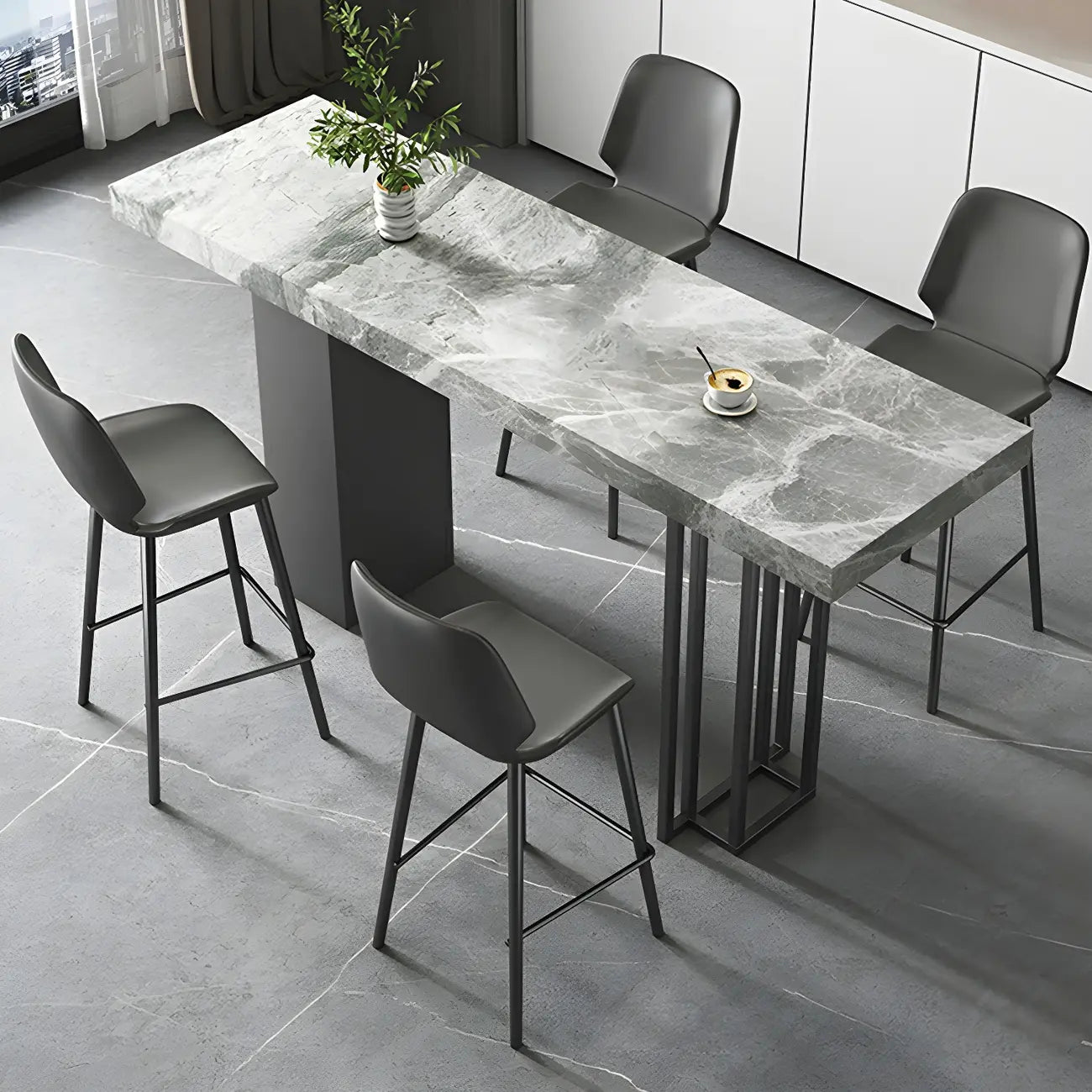 Modern Black Stone Counter Height Metal Rectangular Bar Table