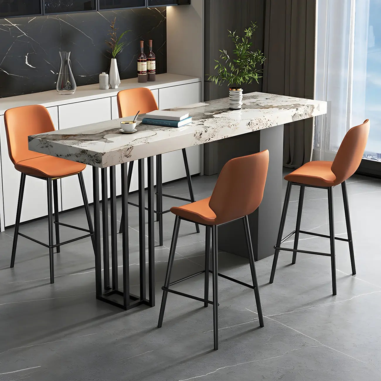 Modern Black Stone Counter Height Metal Rectangular Bar Table