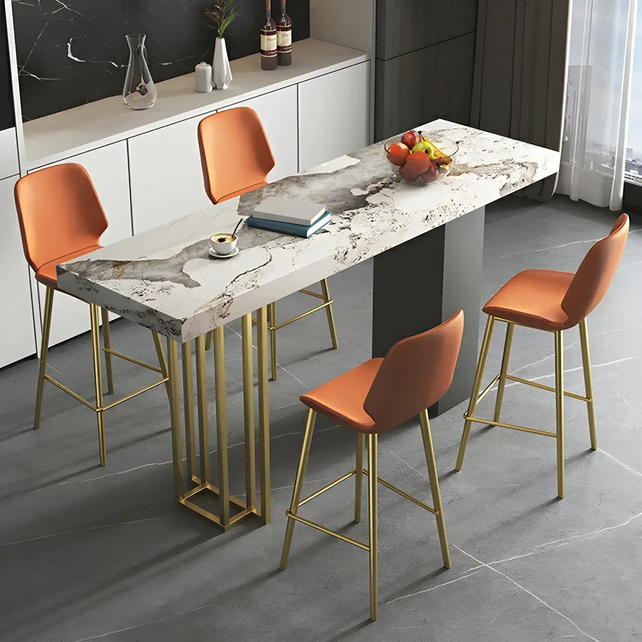 Modern Black Stone Counter Height Metal Rectangular Bar Table