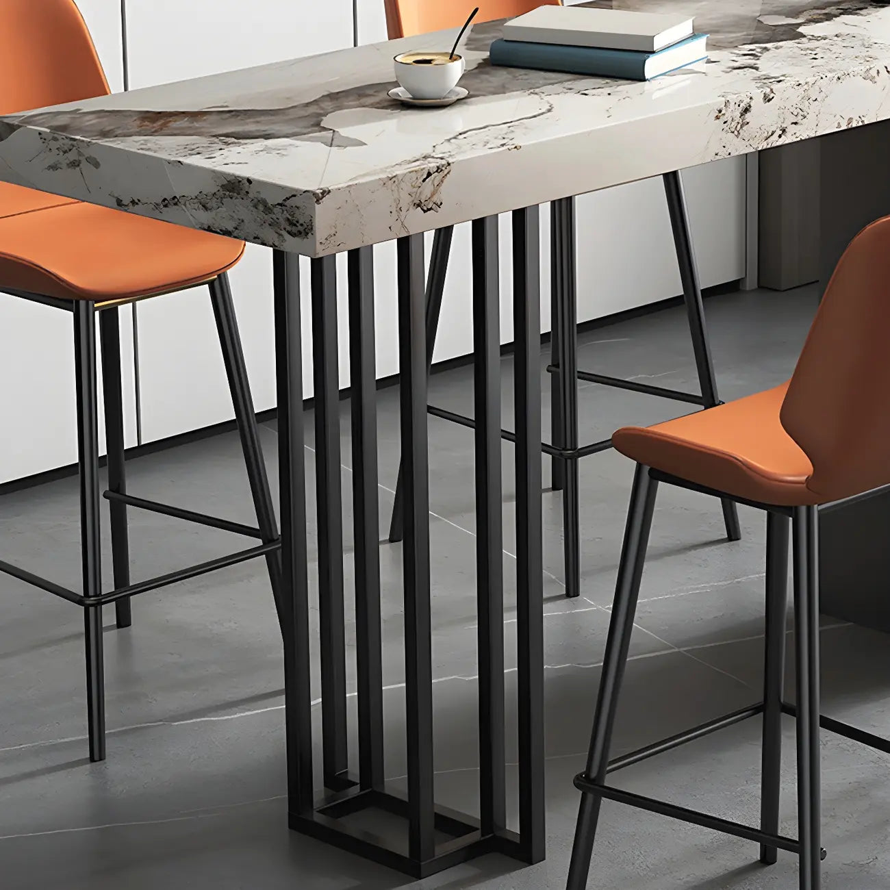 Modern Black Stone Counter Height Metal Rectangular Bar Table