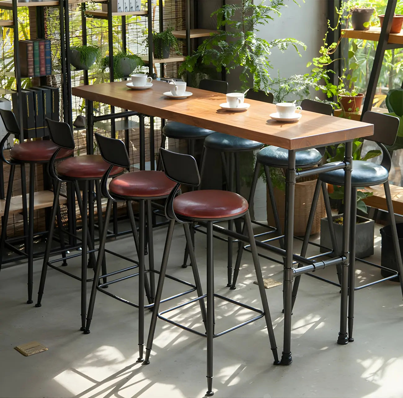 Industrial Brown Wood Black Metal Waterpipe Trestle Bar Tables