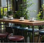 Industrial Brown Wood Black Metal Waterpipe Trestle Bar Tables