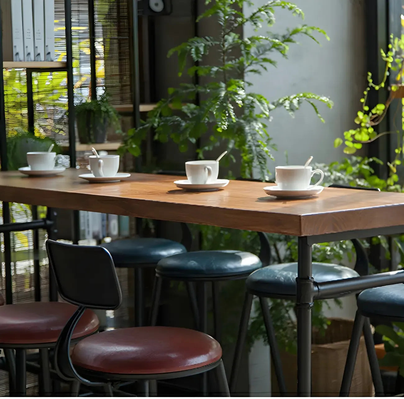 Industrial Brown Wood Black Metal Waterpipe Trestle Bar Tables