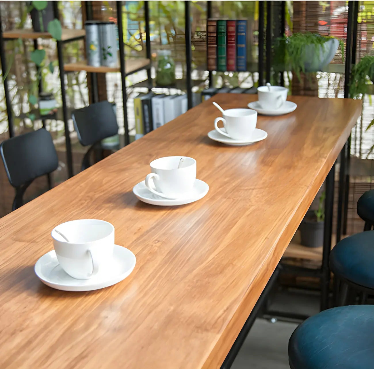 Industrial Brown Wood Black Metal Waterpipe Trestle Bar Tables