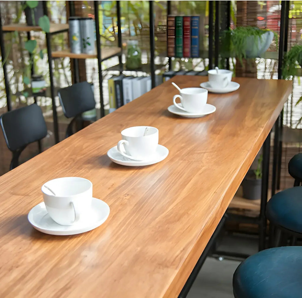 Industrial Brown Wood Black Metal Waterpipe Trestle Bar Tables