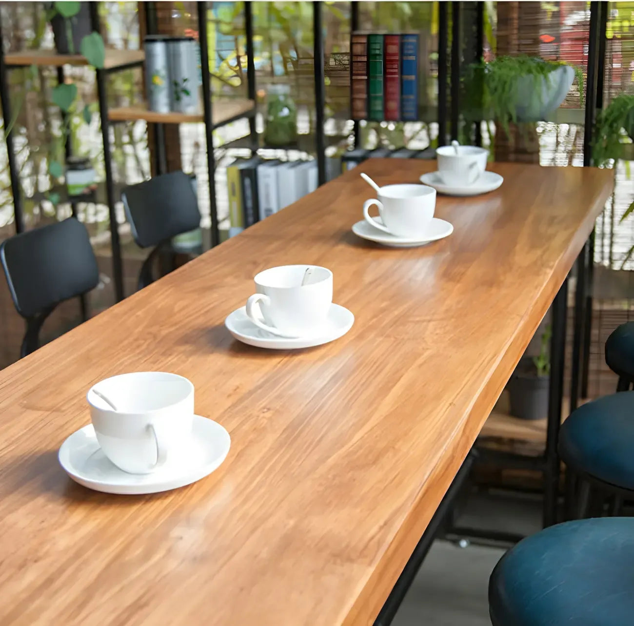 Industrial Brown Wood Black Metal Waterpipe Trestle Bar Tables