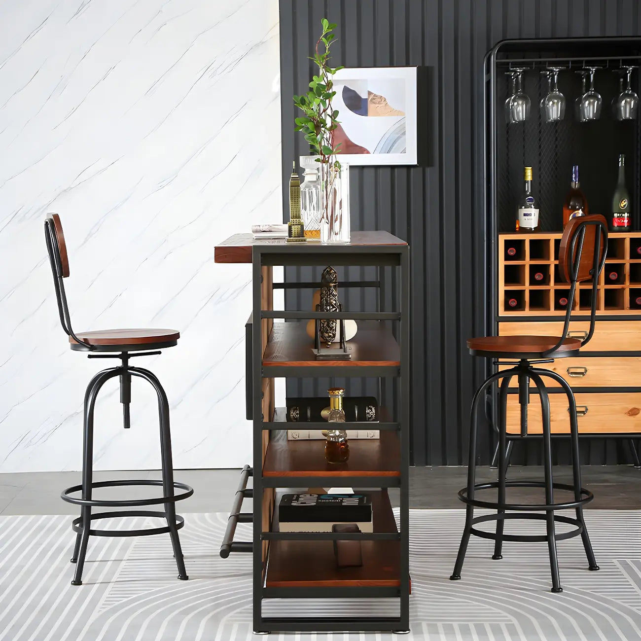 Industrial Brown Wooden Metal Shelf Storage Bar Tables