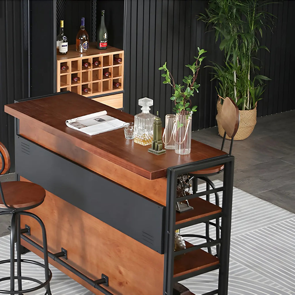 Industrial Brown Wooden Metal Shelf Storage Bar Tables