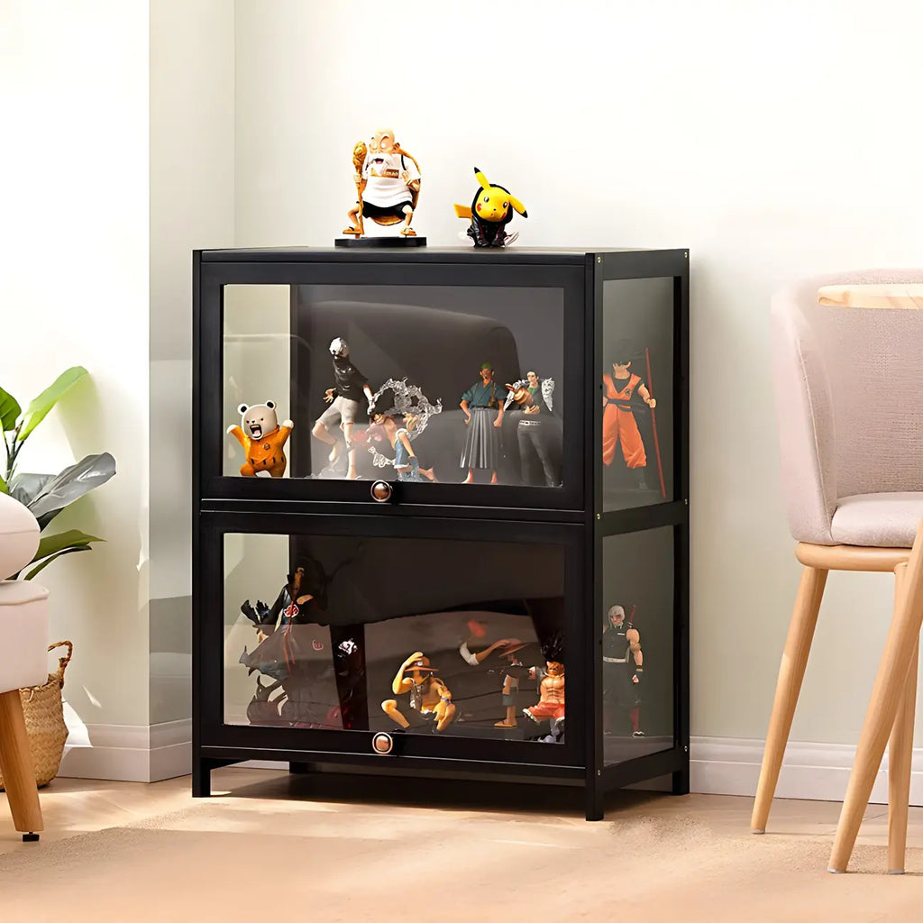 Rectangular Black Bamboo Wood Display Cabinet with Doors