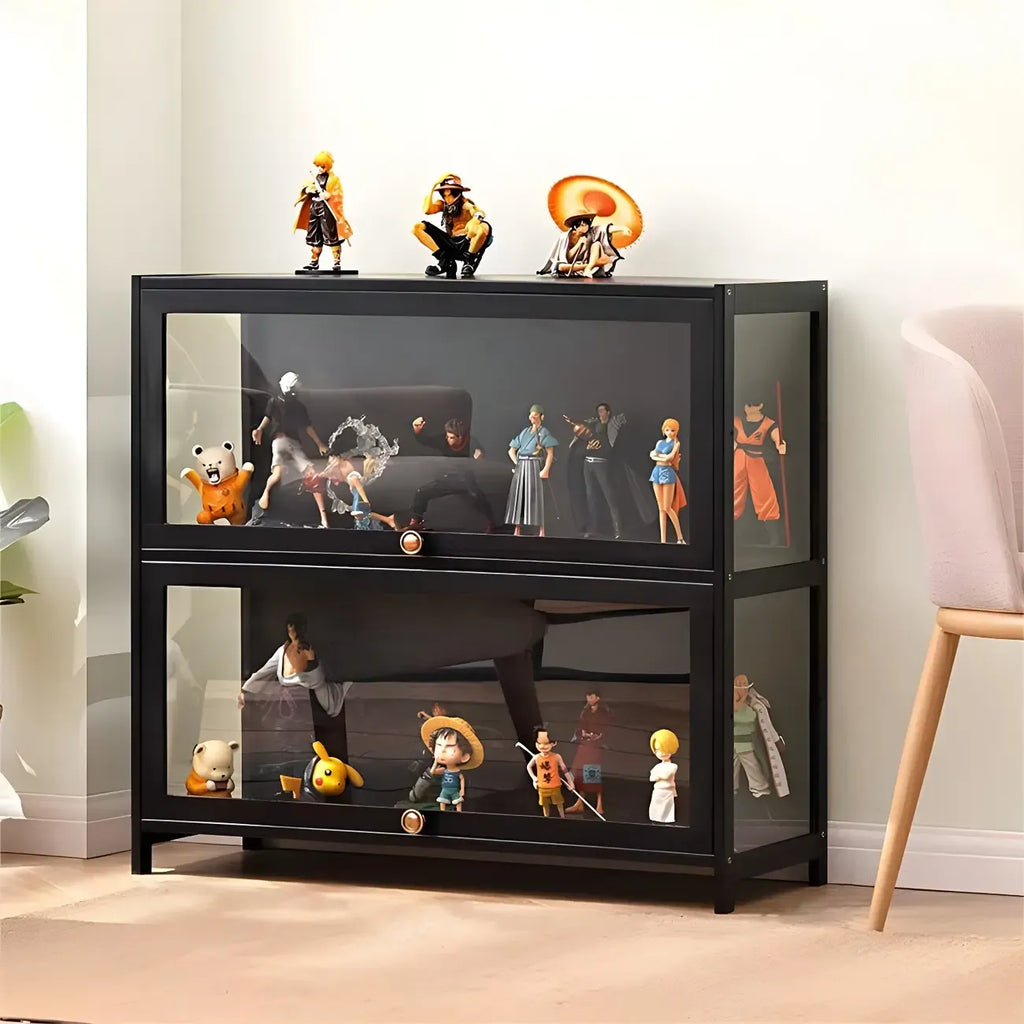 Rectangular Black Bamboo Wood Display Cabinet with Doors