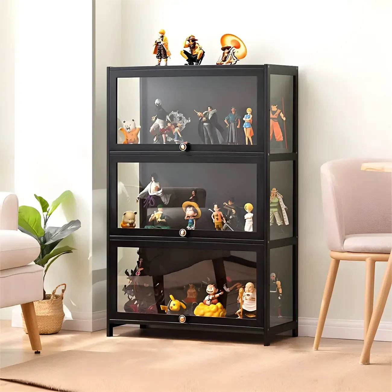 Rectangular Black Bamboo Wood Display Cabinet with Doors