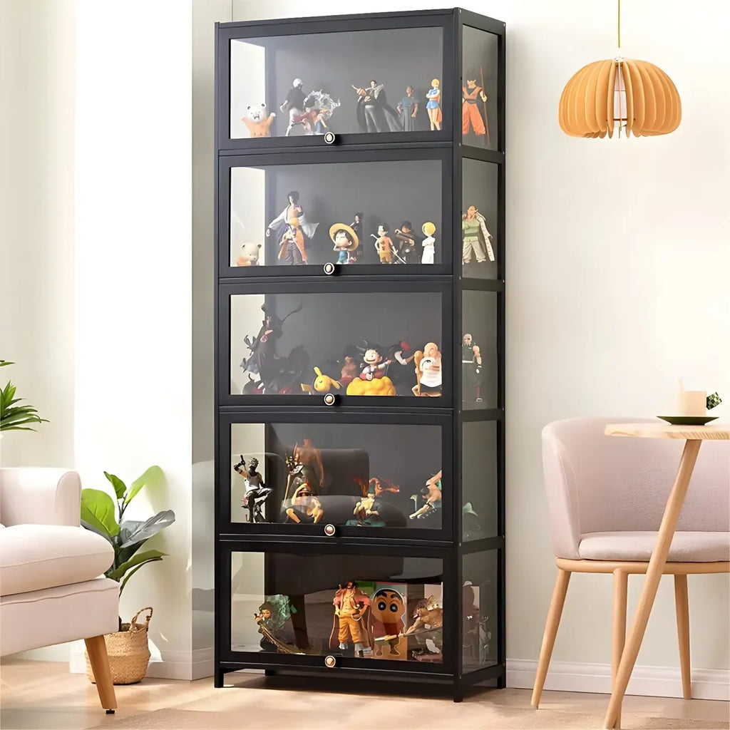 Rectangular Black Bamboo Wood Display Cabinet with Doors